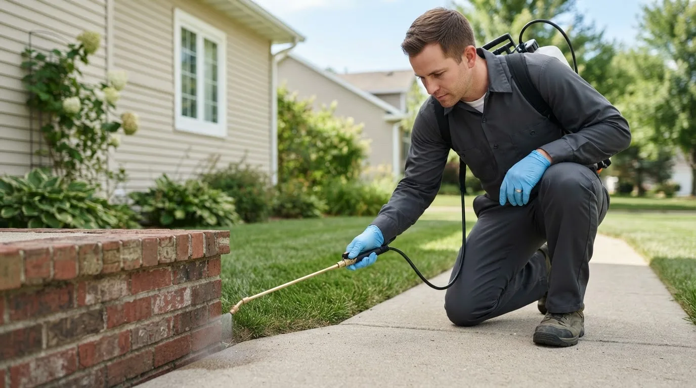 Pest control technician treating a home near Lamoure, ND