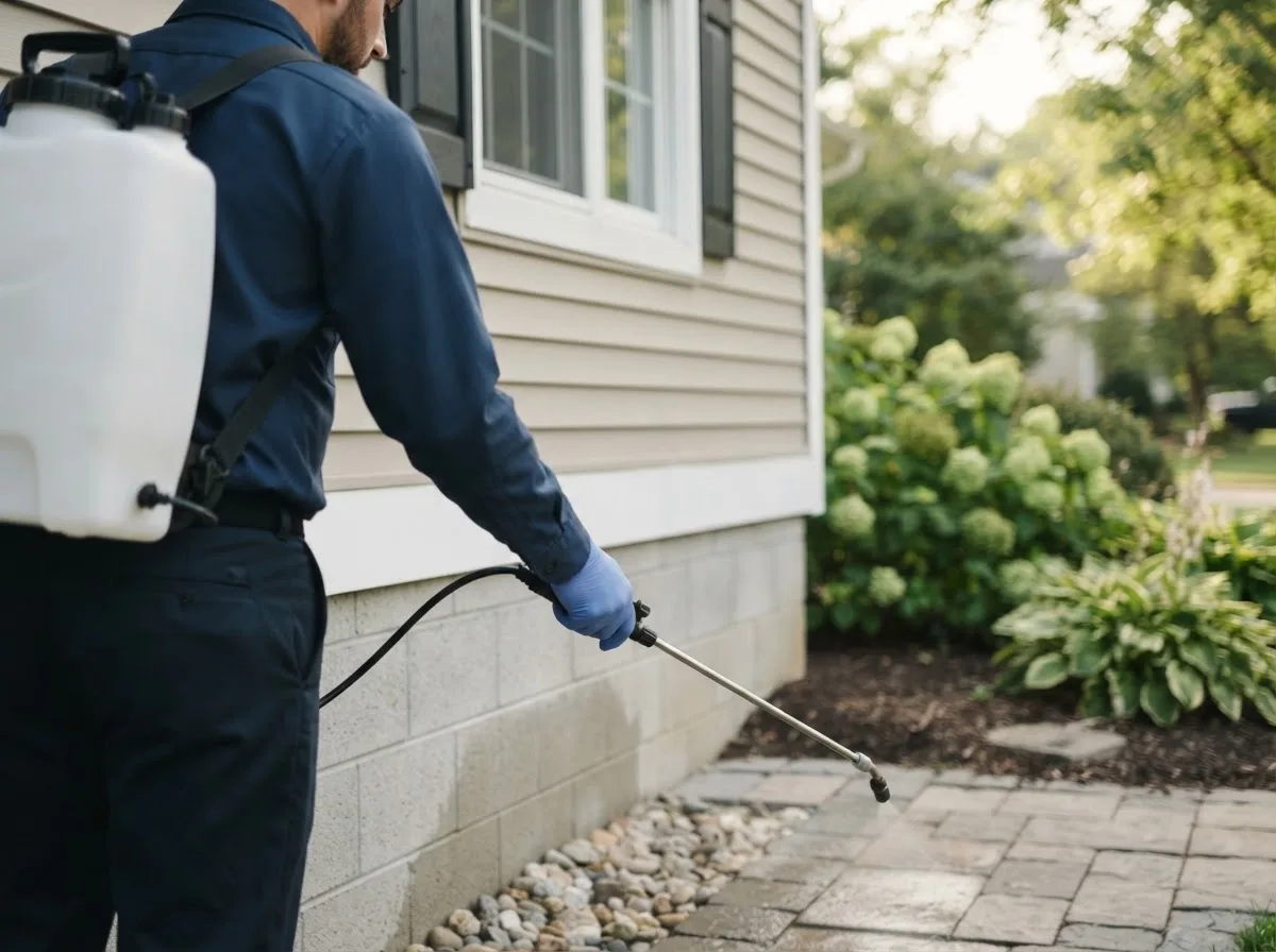 Pest control technician inspecting a home in Lamoure, ND